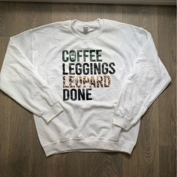 Women's Graphic Logo Coffee Leggings Leopard Casual Pullover Sweater Size Large - Picture 8 of 11